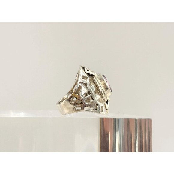 Amethyst Gemstone Bintage Abstract Symbol Sterling Silver Chunky Ring - sz 5.25 - Picture 4 of 10